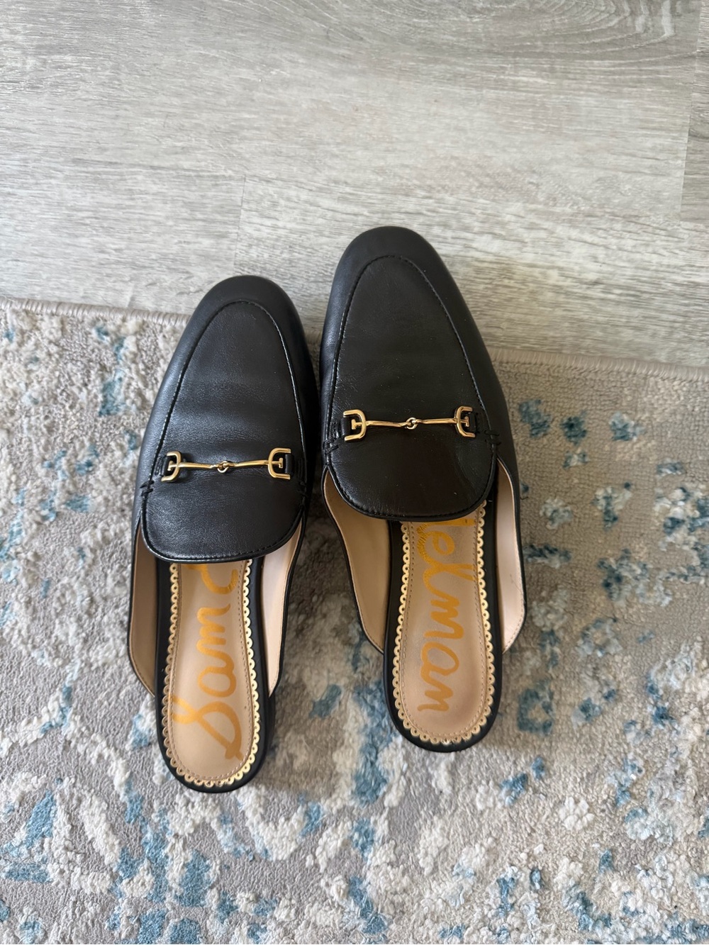 Sam Edelman Black Leather Backless Loafers with Gold Horsebit